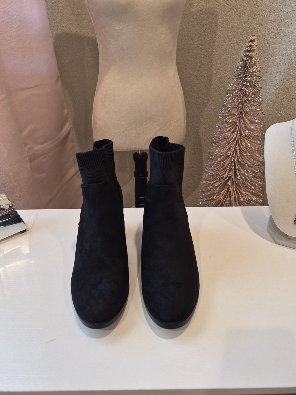 White Mountain Black Suede Ankle Booties with Knit Cuff